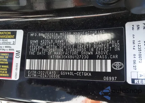 2011 Toyota Camry Xle V6 from USA, damaged, VIN 4T1BK3EK6BU127230